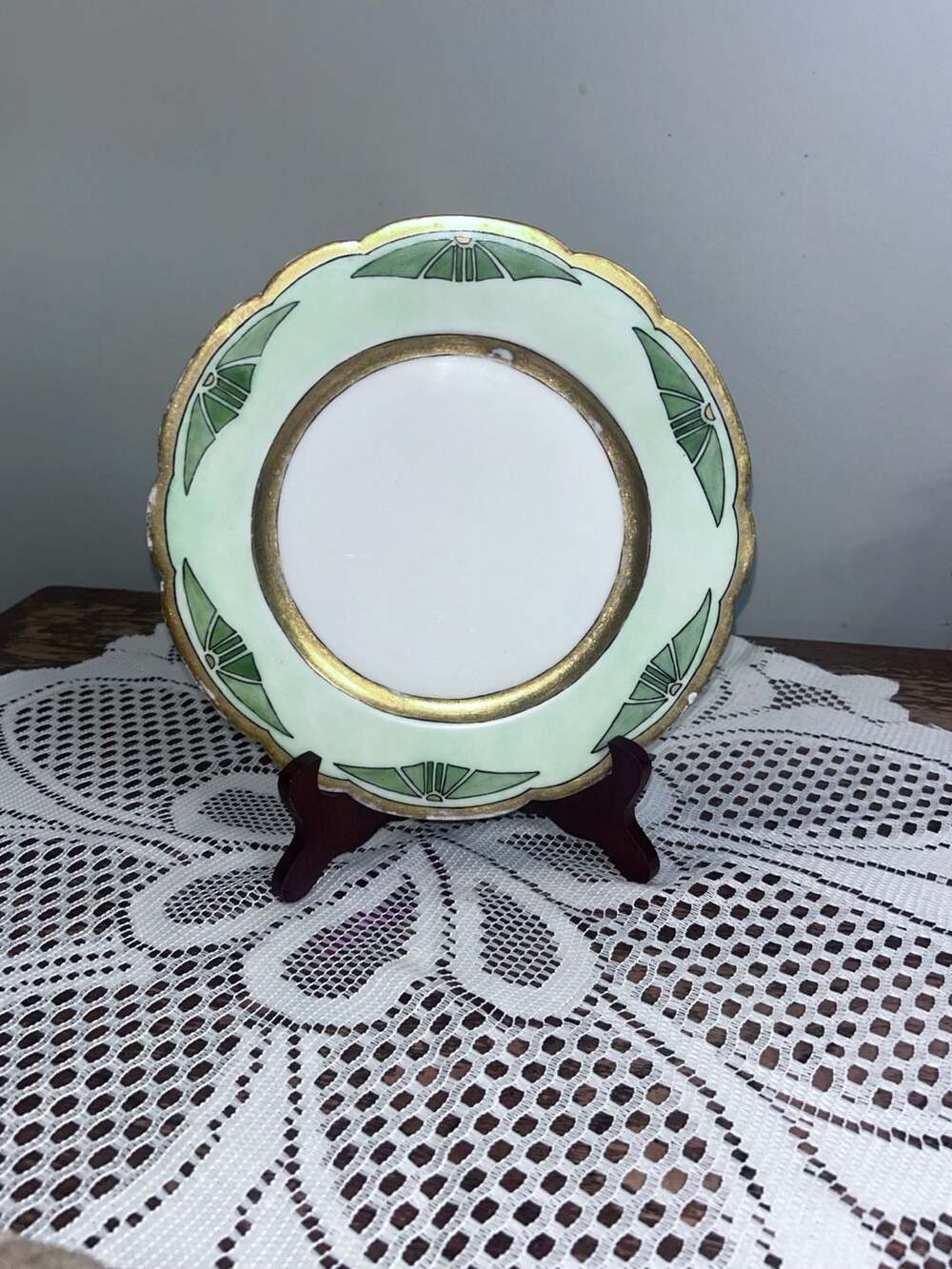 Limoges France Art Deco Mint Green and Gold Encrusted Scalloped Plate